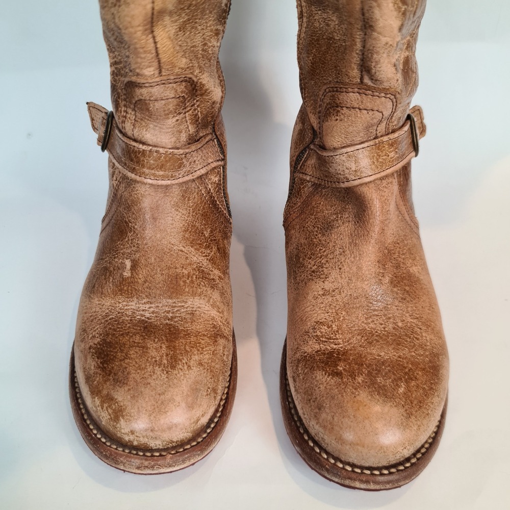 Bed Stu Cobbler Tan Leather Knee High Tall Moto Riding Boots 10 Distressed Zip - Picture 14 of 16